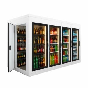 walkin Cooler com 4 Portas de Vidro expositora com porta de entrada para estoque