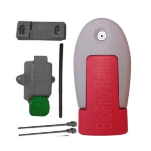 Fechadura Vertical na cor Cinza verde e vermelho para Porta de Câmara Fria com Chave