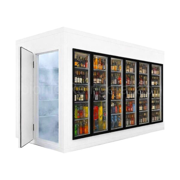 walkin Cooler com 6 Portas de Vidro expositora com porta de entrada para estoque