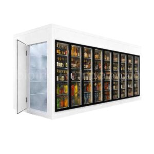 Walkin Cooler com 9 portas de vidro expositora com entrada para estoque